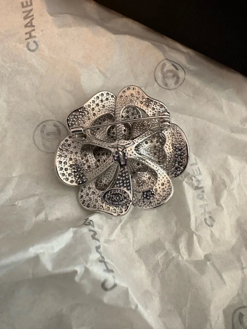 CHANEL Silver Crystal Camellia Brooch - Sparkling Silver